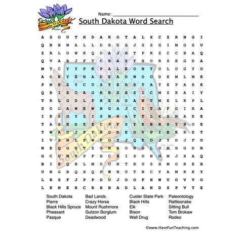 South Dakota Wordsearch Worksheet