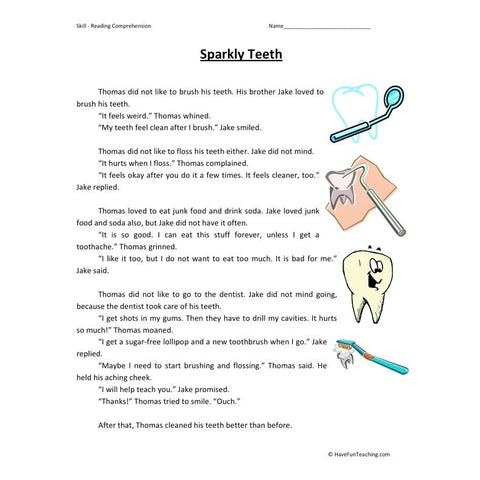 Sparkly Teeth Reading Comprehension Worksheet
