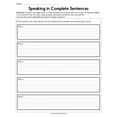 Speaking in Complete Sentences Worksheet