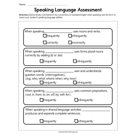 Speaking Language Assessment Worksheet