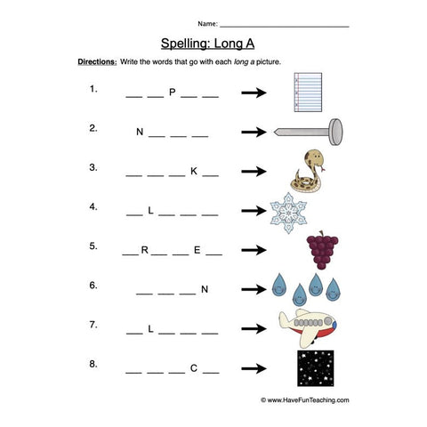 Spelling Long A Worksheet
