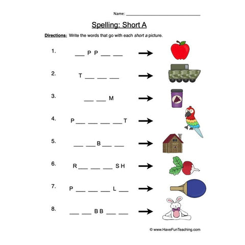 Spelling Short A Worksheet
