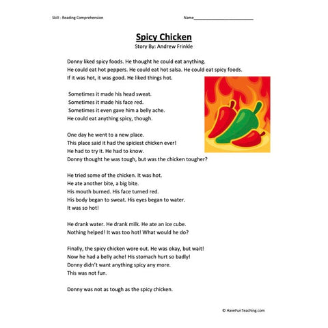 Spicy Chicken Reading Comprehension Worksheet