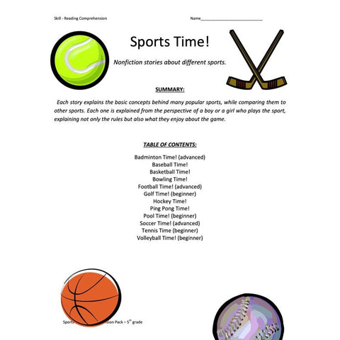 Sports Time Collection Reading Comprehension Worksheets Worksheet