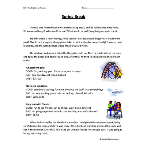 Spring Break Reading Comprehension Worksheet