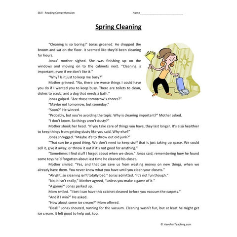 Spring Cleaning Reading Comprehension Worksheet