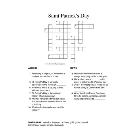 St Patricks Day Crossword Puzzle Worksheet