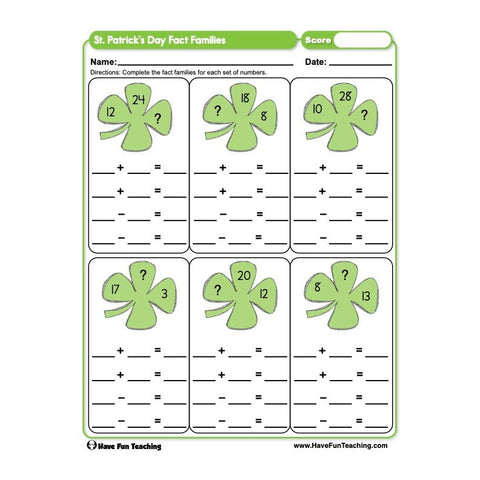 St Patricks Day Fact Families Worksheet