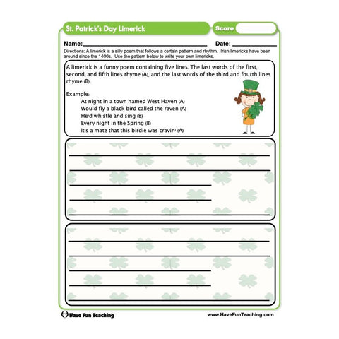 St Patricks Day Limerick Worksheet