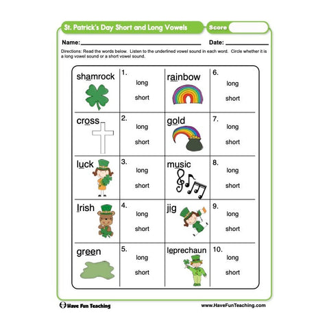 St Patricks Day Short and Long Vowels Worksheet
