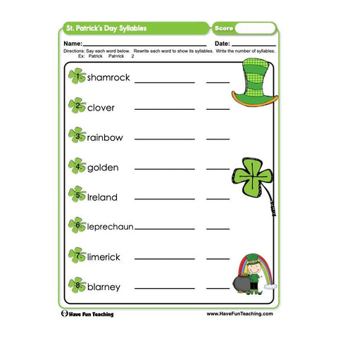 St Patricks Day Syllables Worksheet