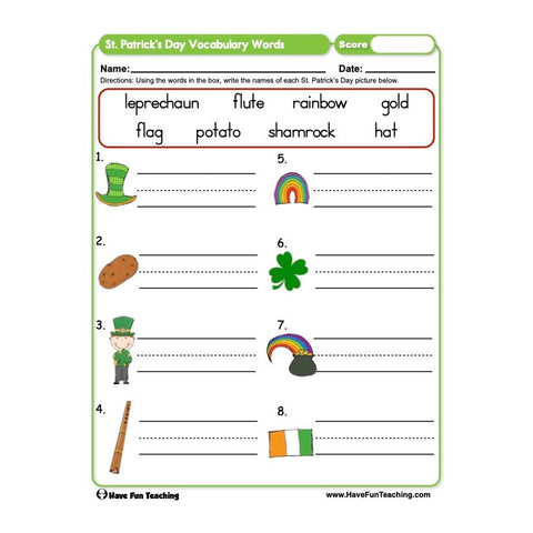 St Patricks Day Vocabulary Words Worksheet