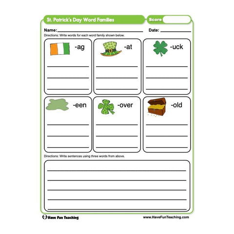 St Patricks Day Word Families Worksheet