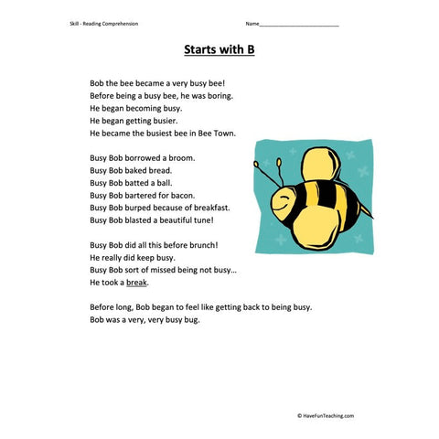 Starts with B Reading Comprehension Worksheet