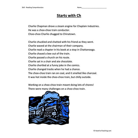 Starts with Ch Reading Comprehension Worksheet