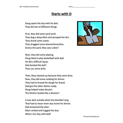Starts with D Reading Comprehension Worksheet