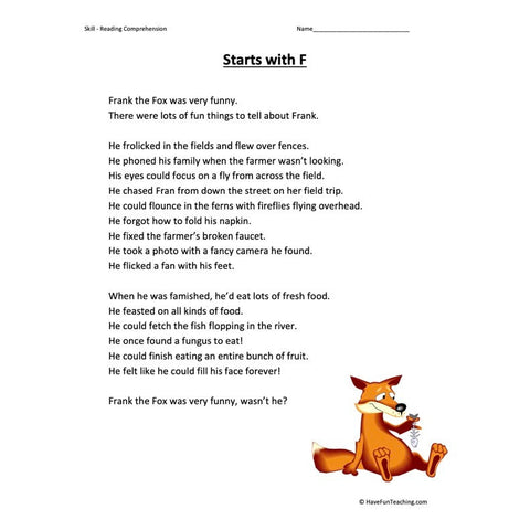 Starts with F Reading Comprehension Worksheet