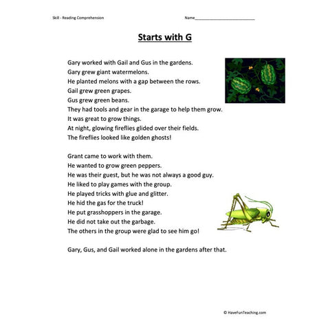 Starts with G Reading Comprehension Worksheet