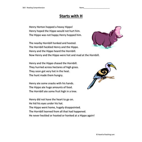 Starts with H Reading Comprehension Worksheet