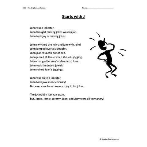 Starts with J Reading Comprehension Worksheet