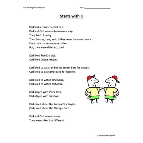 Starts with K Reading Comprehension Worksheet