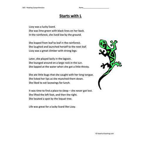 Starts with L Reading Comprehension Worksheet