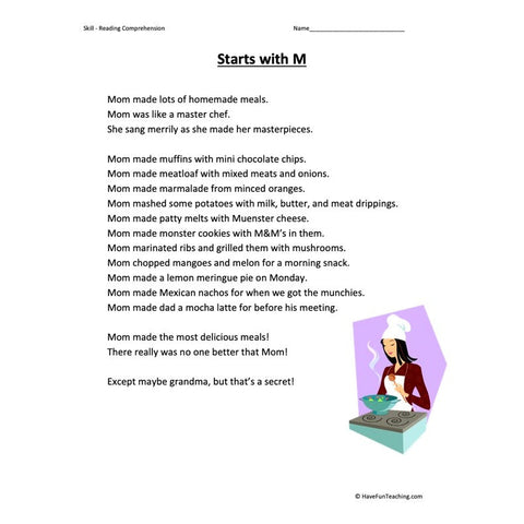 Starts with M Reading Comprehension Worksheet