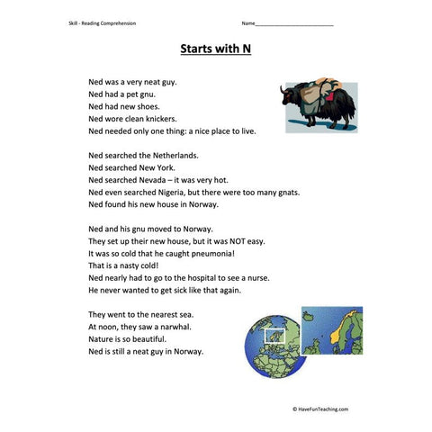 Starts with N Reading Comprehension Worksheet