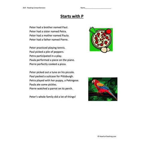 Starts with P Reading Comprehension Worksheet