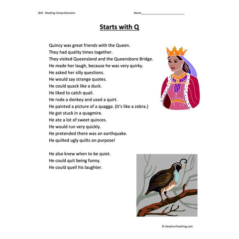 Starts with Q Reading Comprehension Worksheet