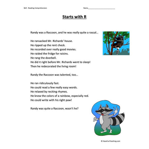 Starts with R Reading Comprehension Worksheet