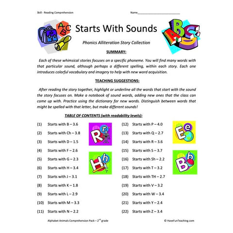 Starts with Sounds Collection Reading Comprehension Worksheets Worksheet