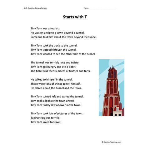 Starts with T Reading Comprehension Worksheet