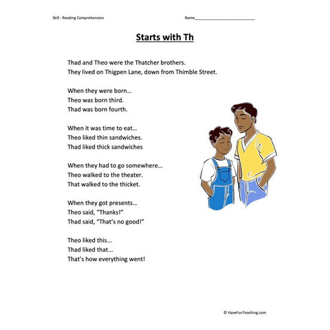 Starts with Th Reading Comprehension Worksheet