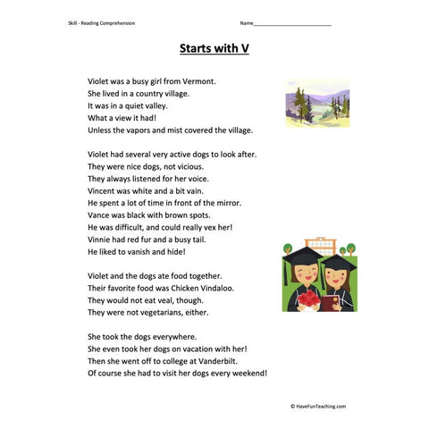 Starts with V Reading Comprehension Worksheet