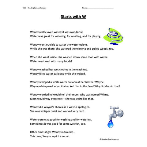 Starts with W Reading Comprehension Worksheet