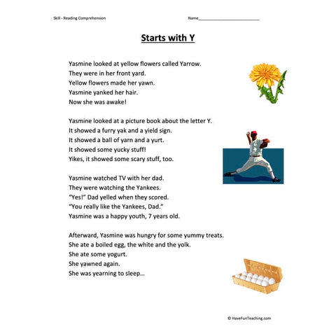 Starts with Y Reading Comprehension Worksheet