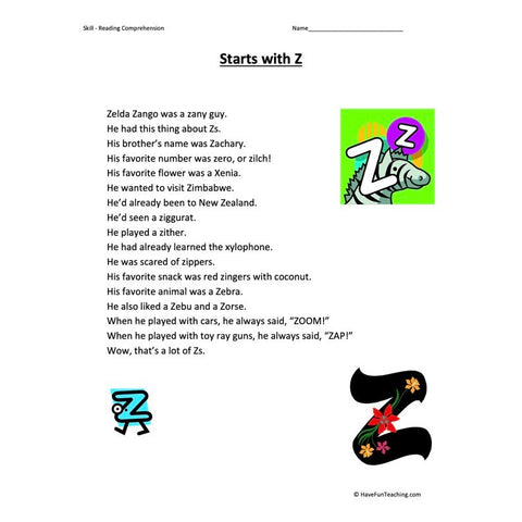 Starts with Z Reading Comprehension Worksheet