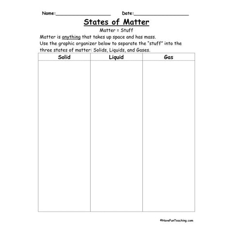States of Matter Solid Liquid Gas Worksheet
