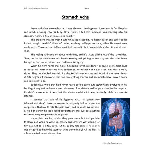 Stomach Ache Sixth Reading Comprehension Worksheet