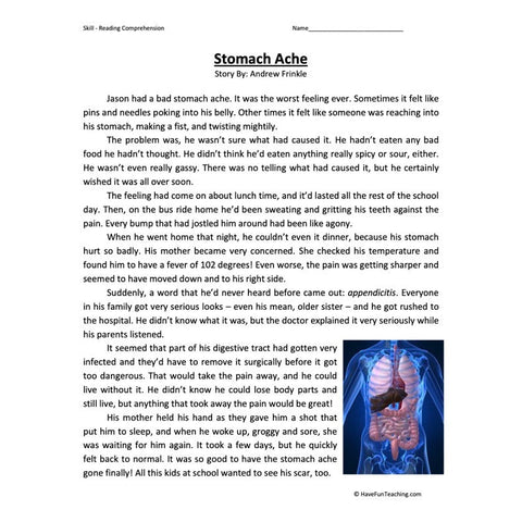 Stomach Ache Sixth Reading Comprehension Worksheet 2