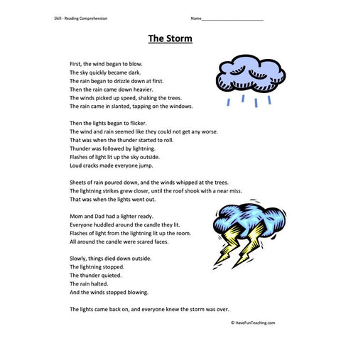 Storm Reading Comprehension Worksheet