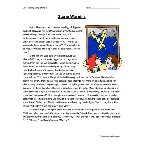 Storm Warning Reading Comprehension Worksheet