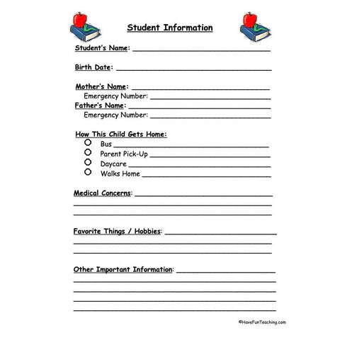 Student Information Worksheet