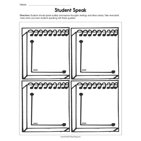 Student Speak Assessment Worksheet