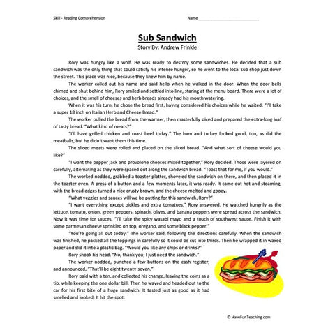 Sub Sandwich Reading Comprehension Worksheet