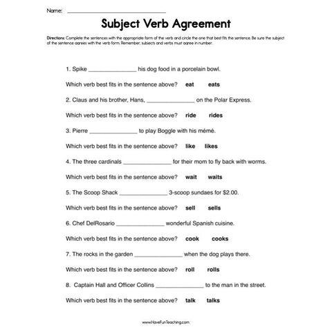 Subject Verb Agreement Worksheet