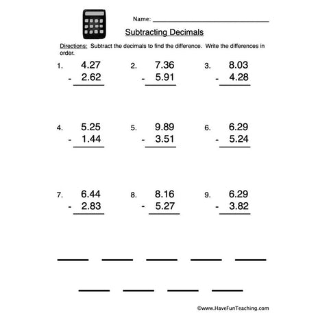 Subtracting Decimals Worksheet