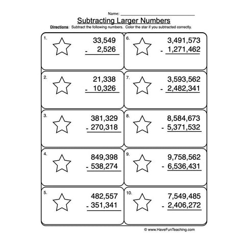 Subtracting Five Six Seven Digit No Regrouping Worksheet