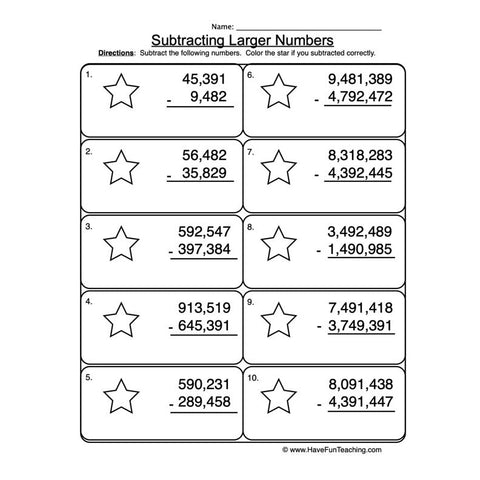 Subtracting Five Six Seven Digit Regrouping Worksheet